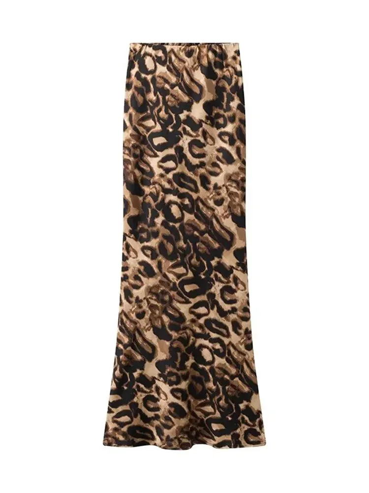 Advbridge Women Fashion Satin Leopard Slim Fits Midi Skirt Vintage High Elastic Waist Female Chic Lady Skirts