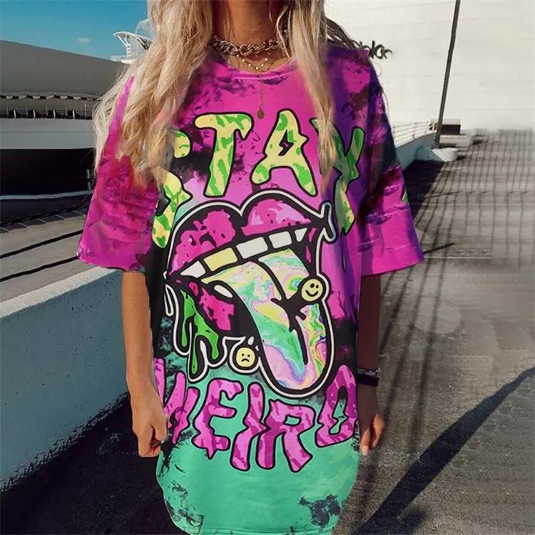 Alien tie-dye printing plus size short-sleeved t-shirt women's mid-length top