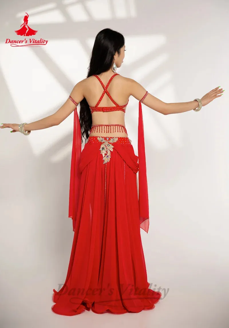 Belly Dance Performance Suit for Women Stones Bra chiffon Long Skirt 2pcs Customsized Adult Child Oriental Belly Dancing Outfit