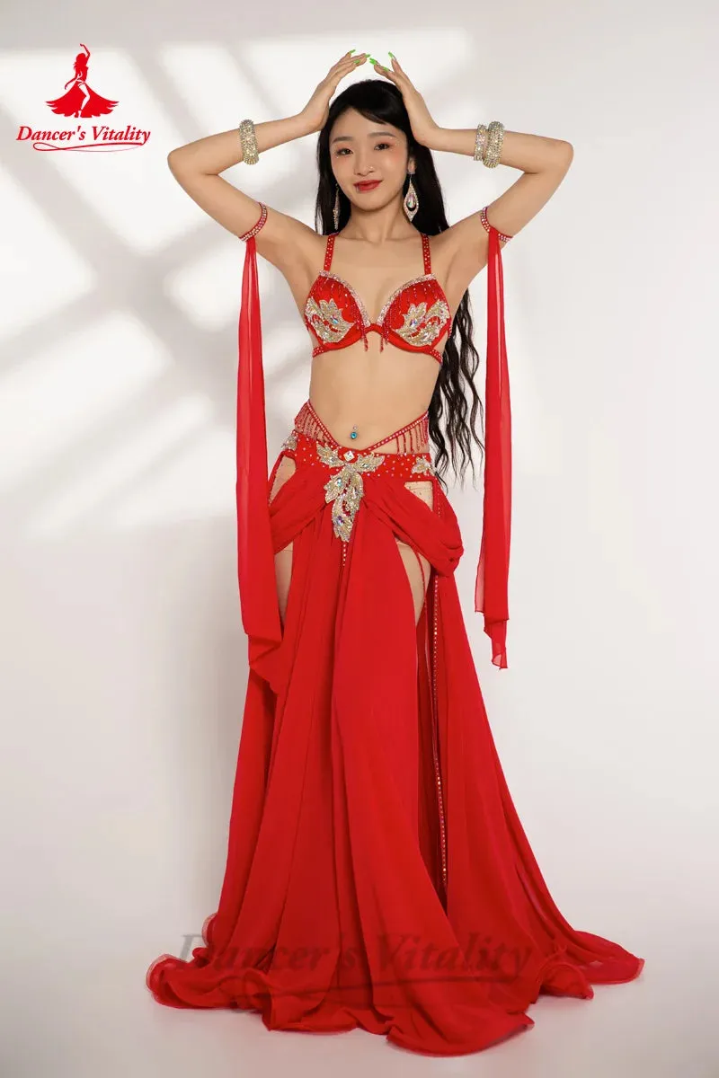 Belly Dance Performance Suit for Women Stones Bra chiffon Long Skirt 2pcs Customsized Adult Child Oriental Belly Dancing Outfit