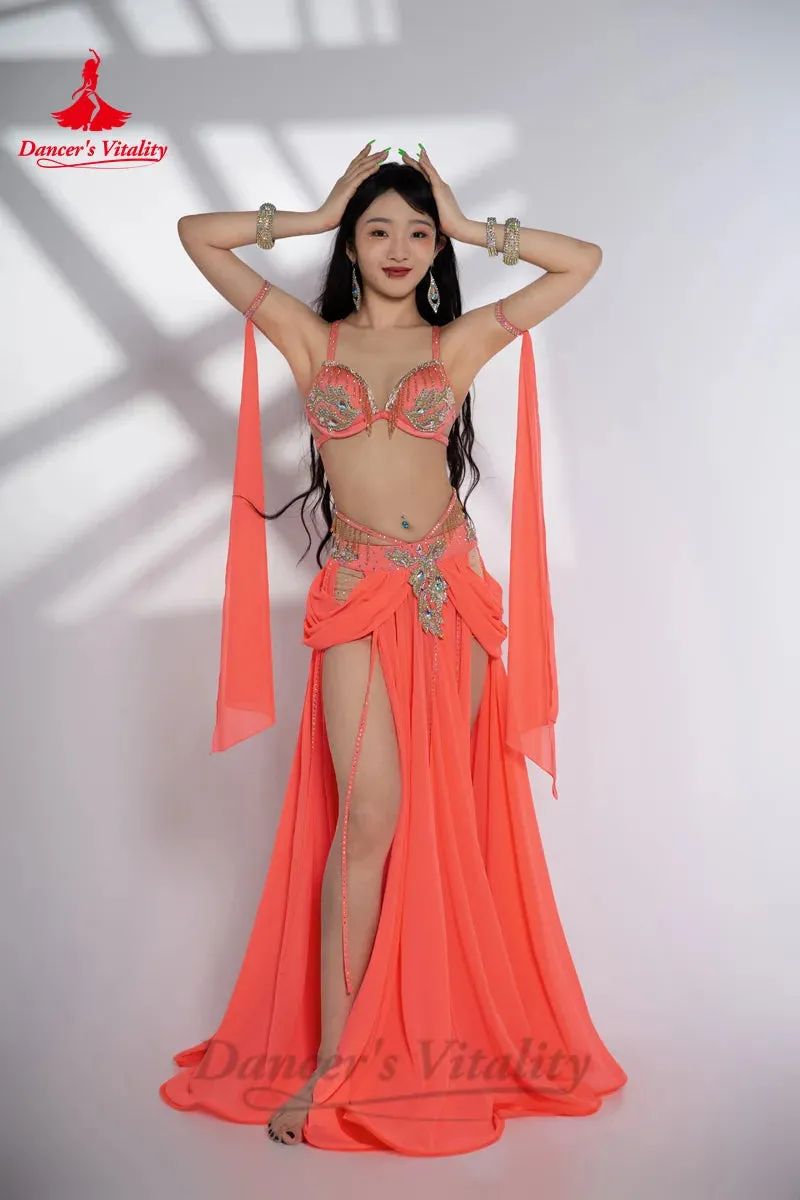 Belly Dance Performance Suit for Women Stones Bra chiffon Long Skirt 2pcs Customsized Adult Child Oriental Belly Dancing Outfit