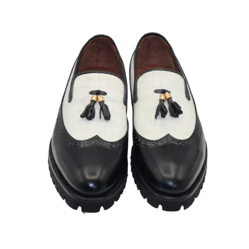 Bespoke Handmade White Crocodile & Black Patten Leather Vibram Sole Slip On Tassel Moccasin Shoes