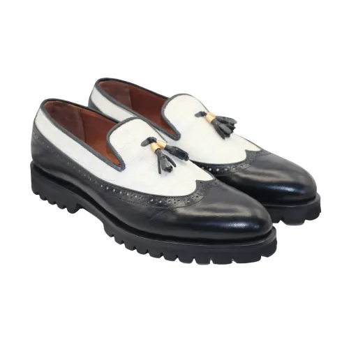 Bespoke Handmade White Crocodile & Black Patten Leather Vibram Sole Slip On Tassel Moccasin Shoes