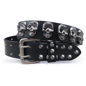 Biker Casual Skulls Rivets Double Pin Leather Belt