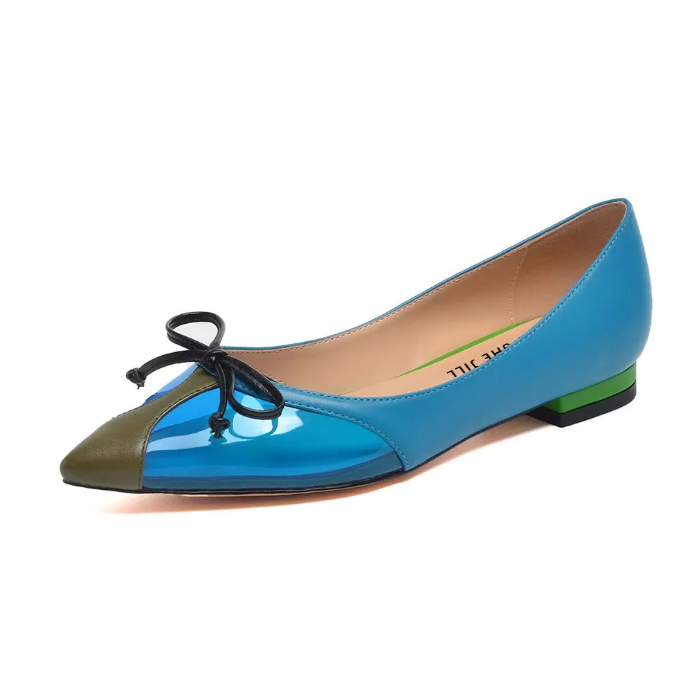 Blue Genuine Leather Flats Clear Pvc Casual Shoes With Bow