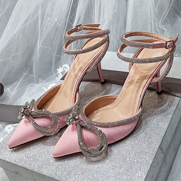 Butterfly-Knot Bling Crystal Pointed Toe Pumps High Heels