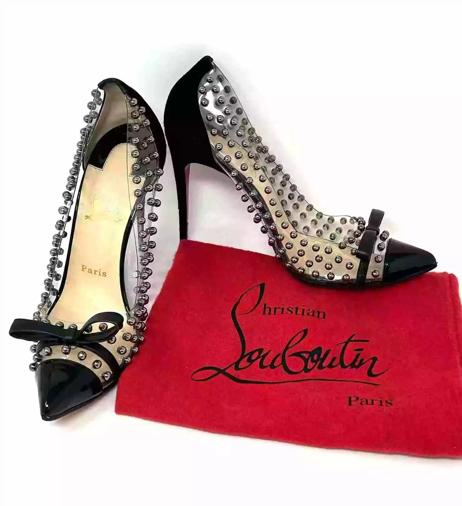 Christian Louboutin Bille Et Boule Black Suede Studded PVC Heels 39.5 UK 6.5