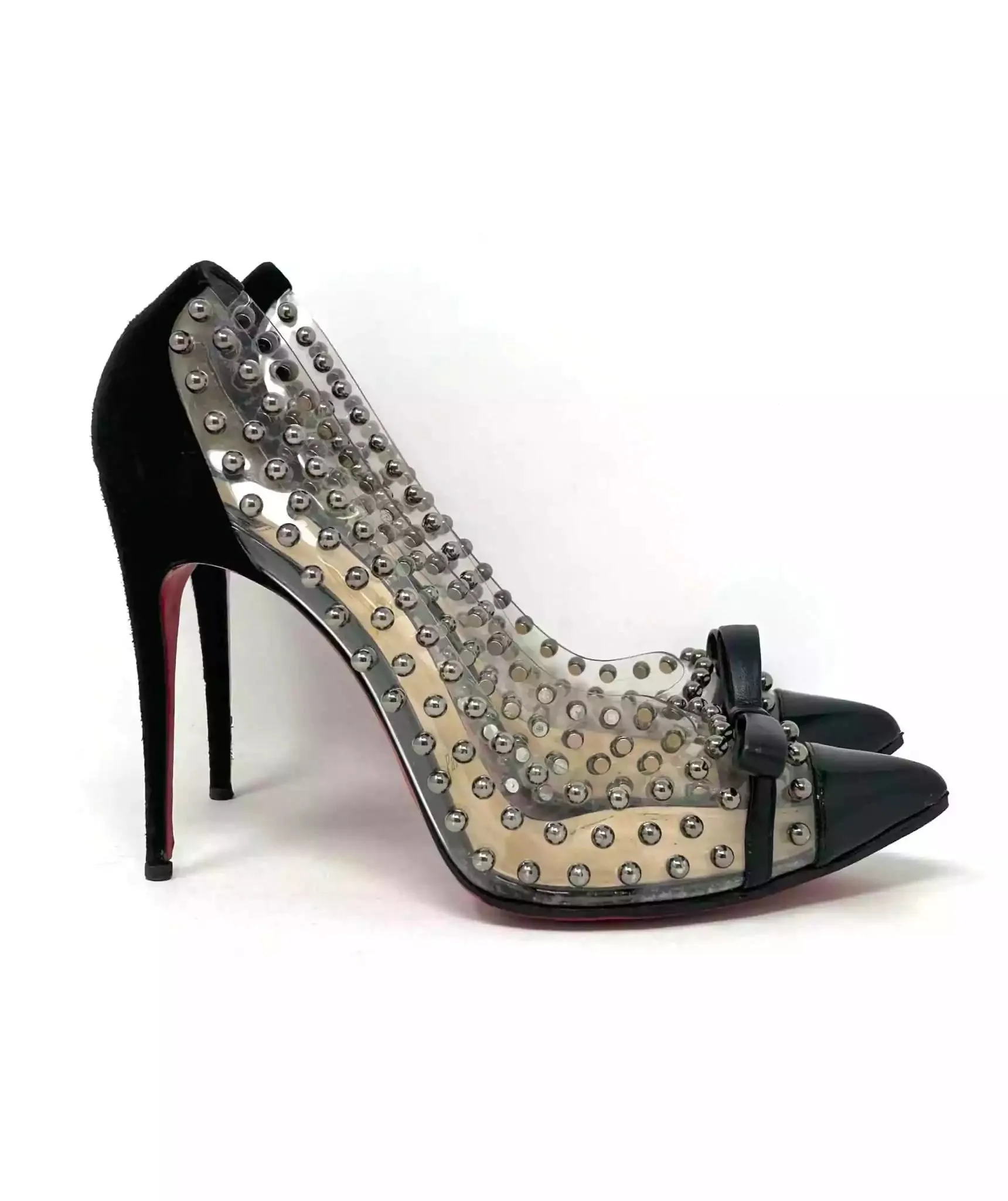 Christian Louboutin Bille Et Boule Black Suede Studded PVC Heels 39.5 UK 6.5