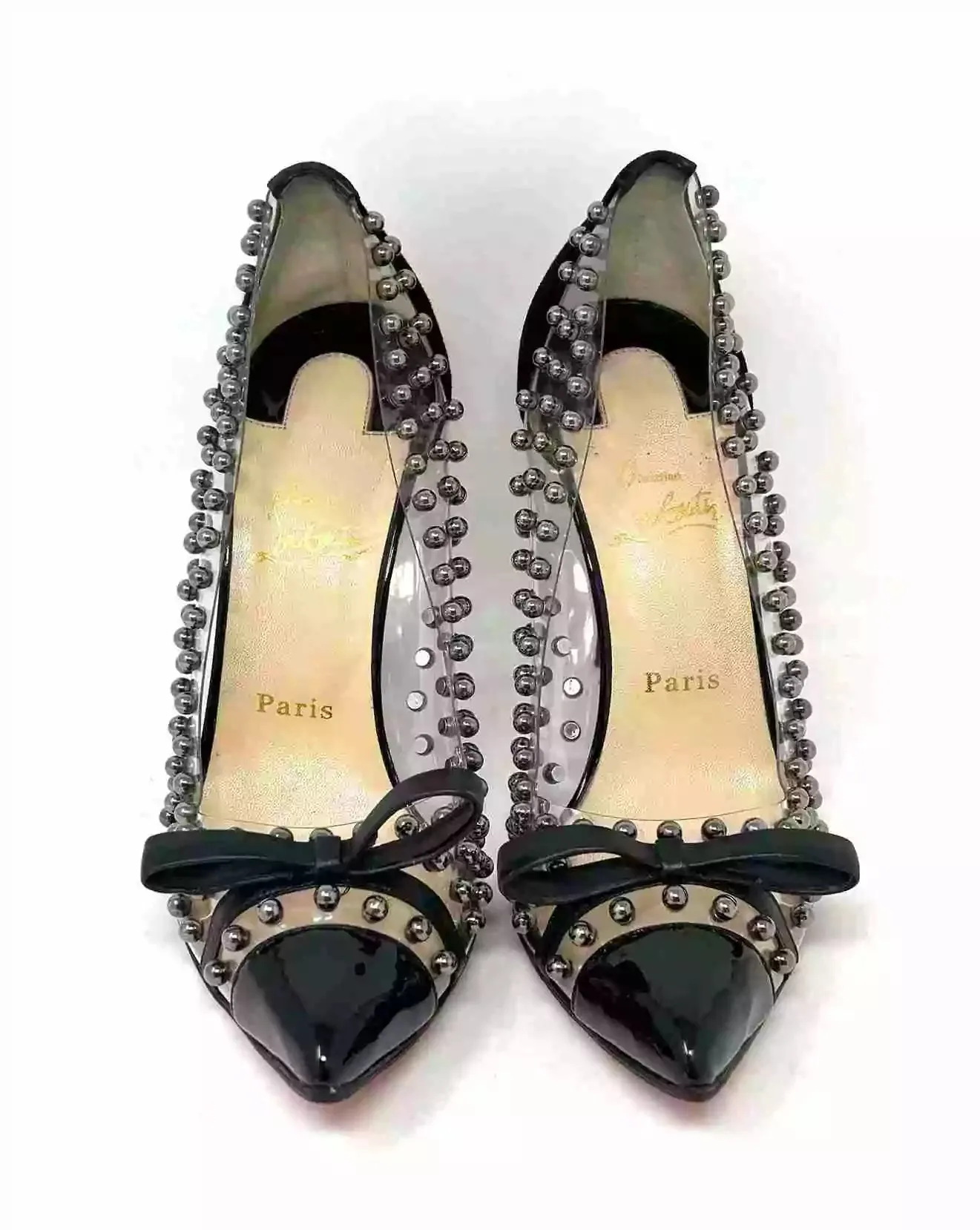 Christian Louboutin Bille Et Boule Black Suede Studded PVC Heels 39.5 UK 6.5