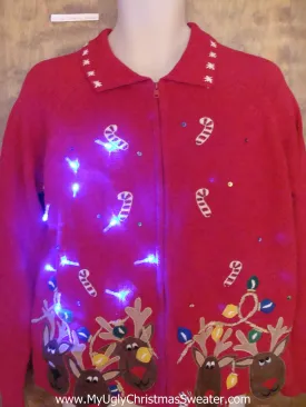 Crazy Reindeer and Candycane Christmas Sweater with Lights