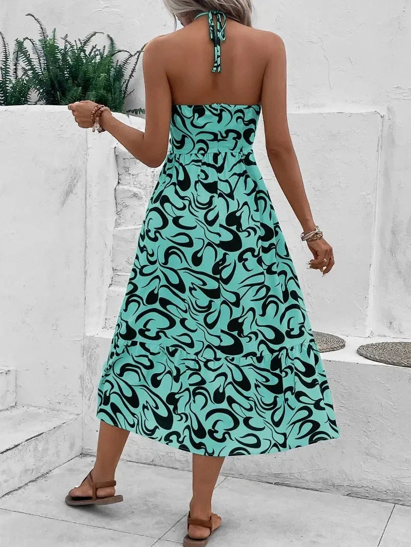 Cross Neck Zip Stripe High Waist A-line Midi Dress