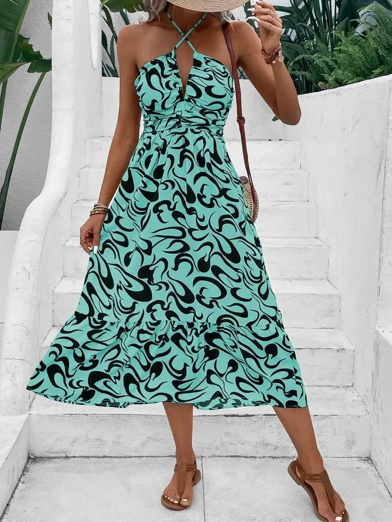 Cross Neck Zip Stripe High Waist A-line Midi Dress