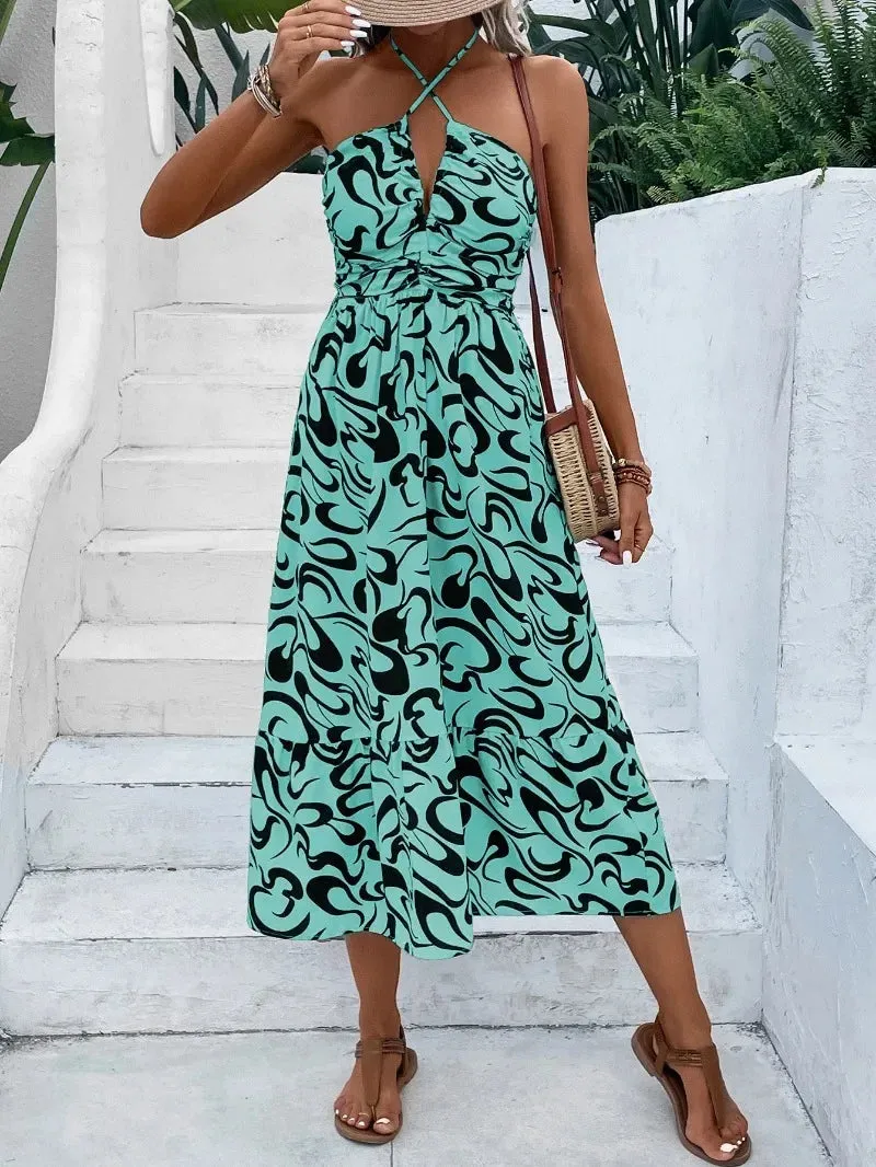 Cross Neck Zip Stripe High Waist A-line Midi Dress