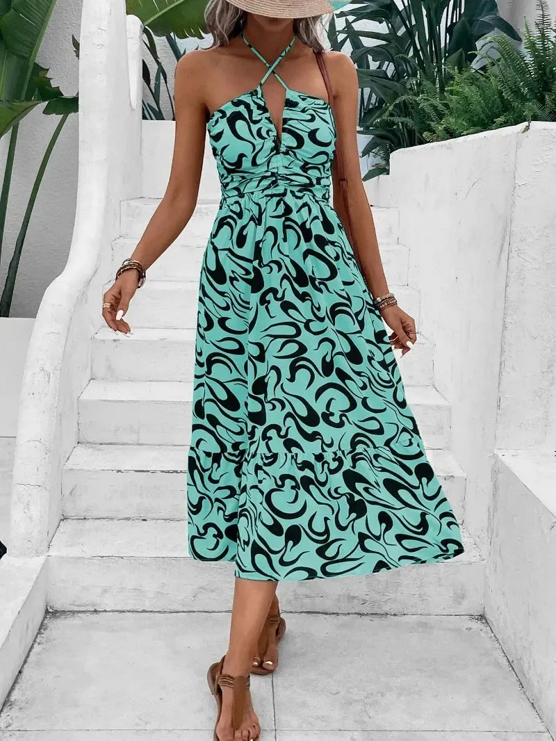 Cross Neck Zip Stripe High Waist A-line Midi Dress