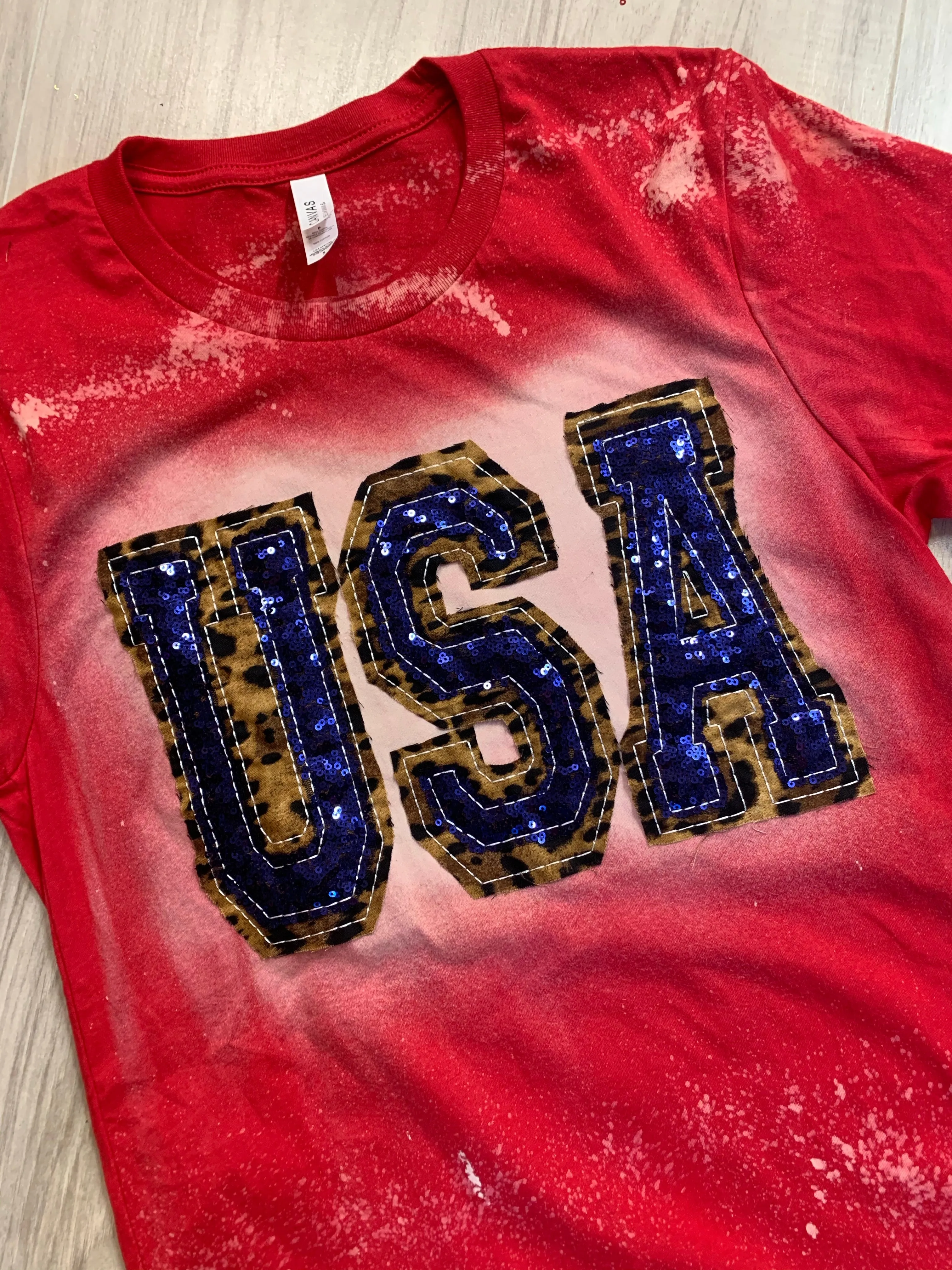 Double Stacked USA Shirt - Red with Leopard and Blue Sequins