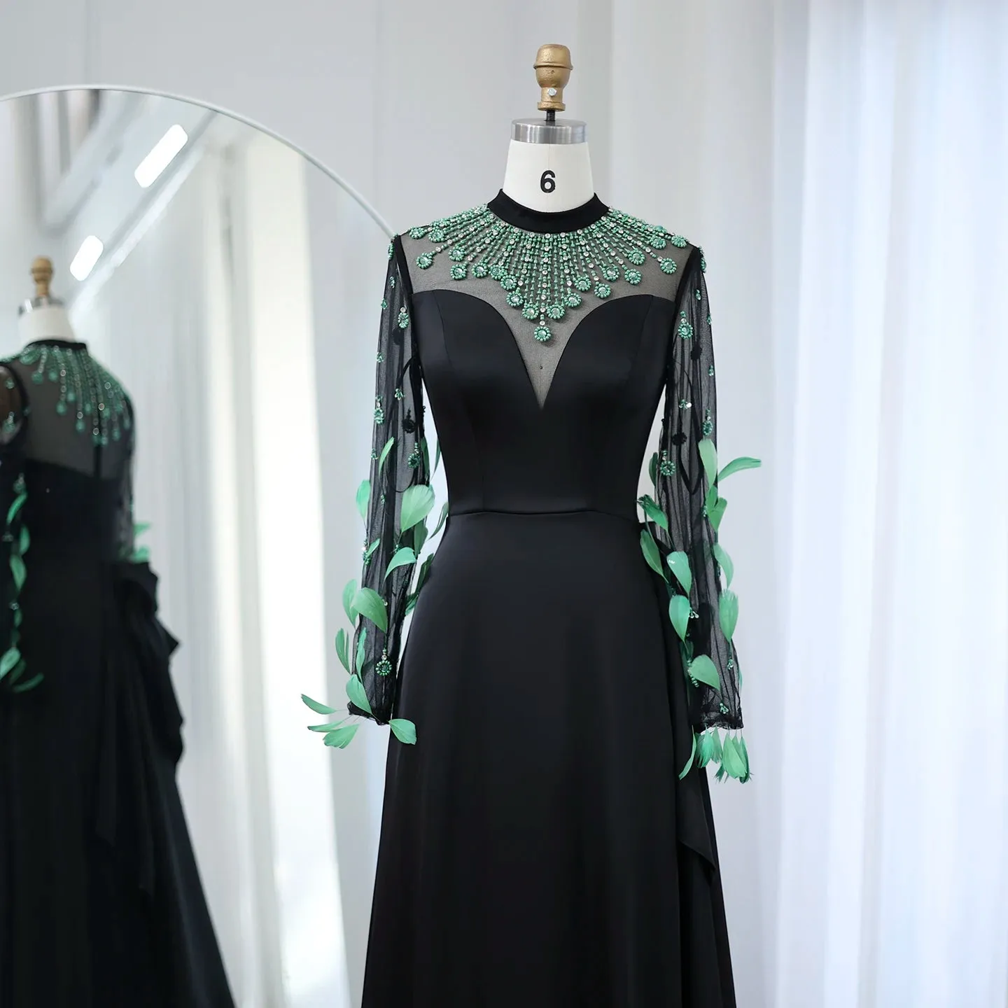 Emerald Green Feather Embellished Black Dress with Overskirt