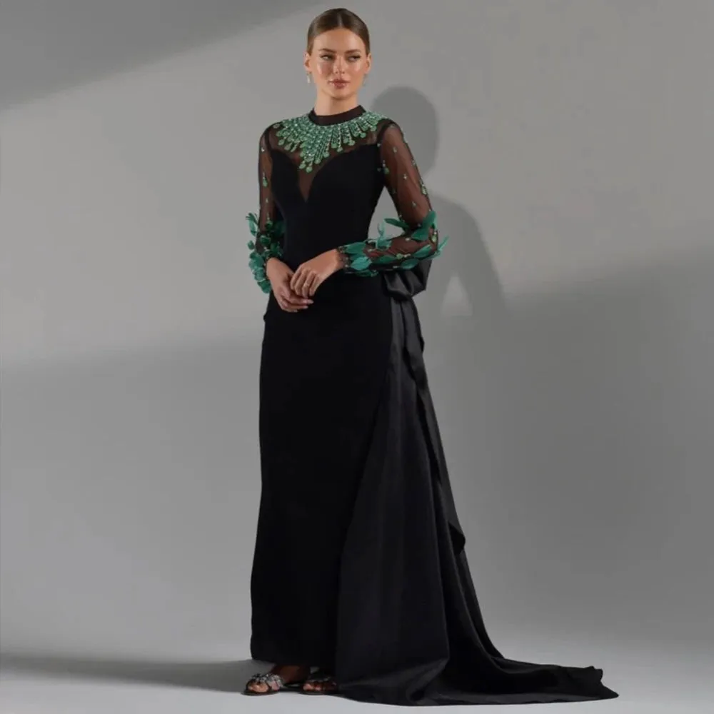 Emerald Green Feather Embellished Black Dress with Overskirt