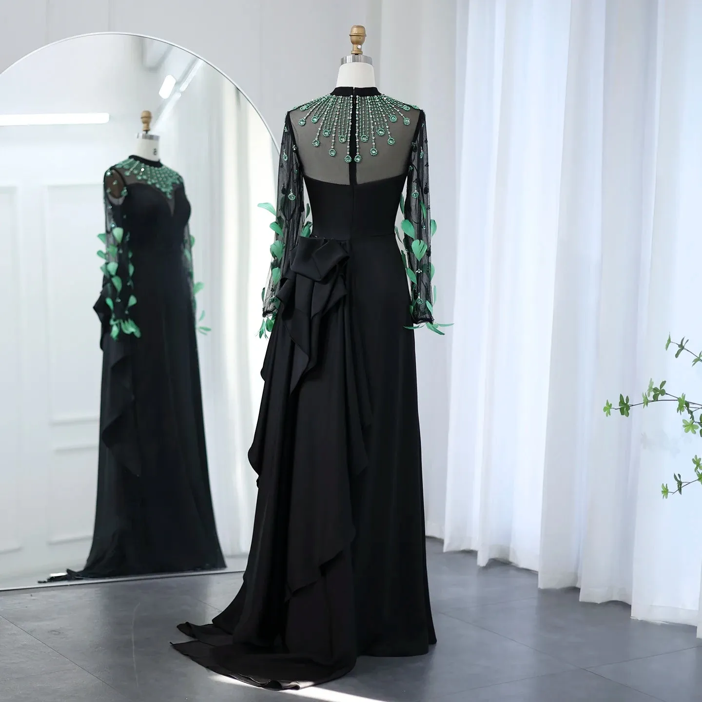 Emerald Green Feather Embellished Black Dress with Overskirt