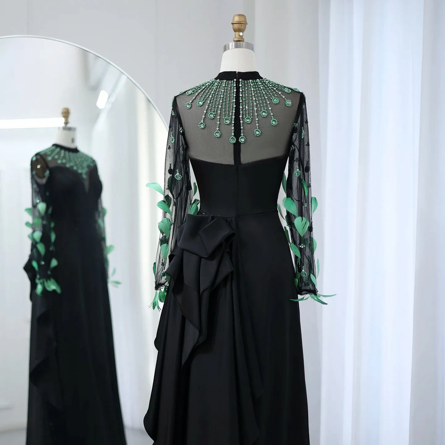 Emerald Green Feather Embellished Black Dress with Overskirt