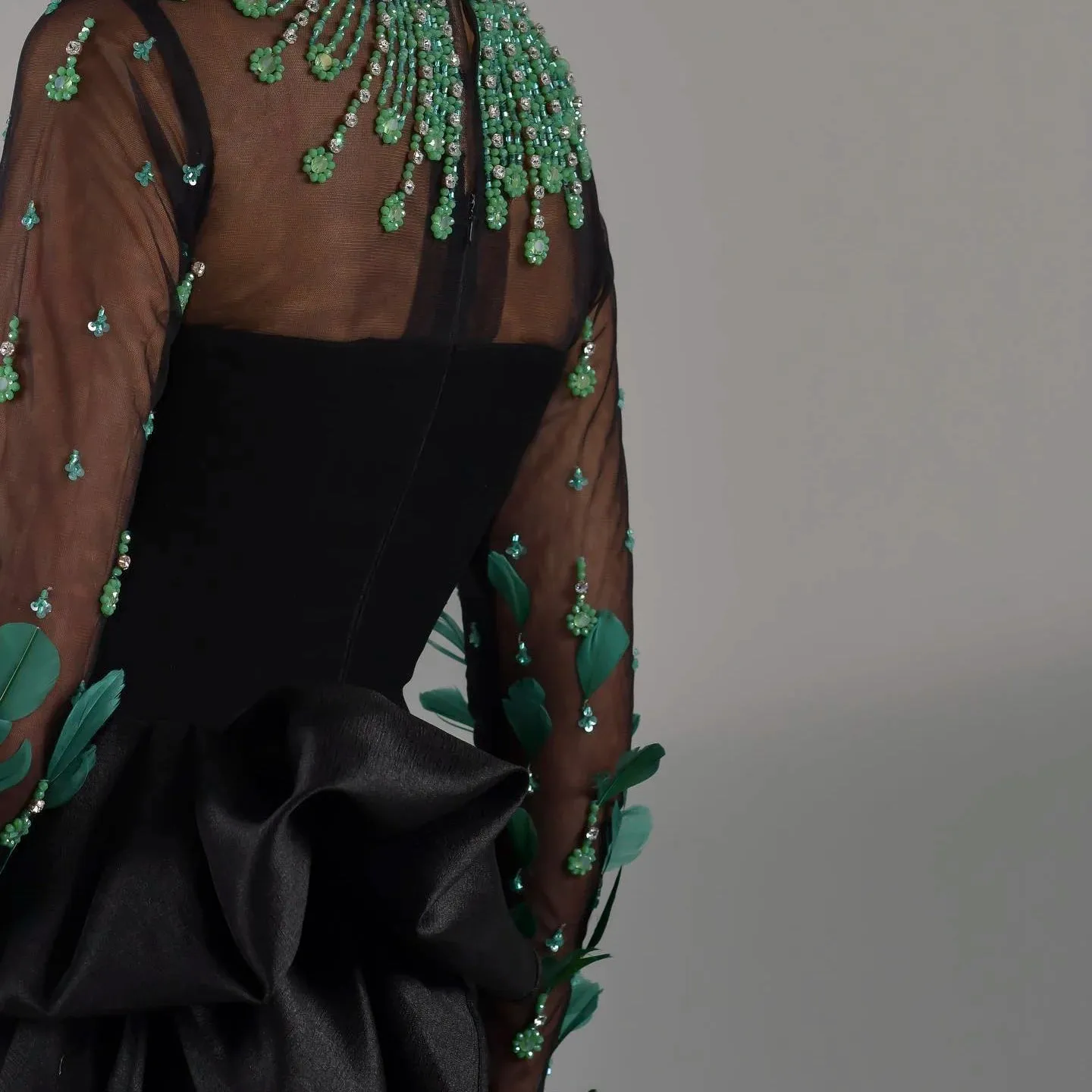 Emerald Green Feather Embellished Black Dress with Overskirt