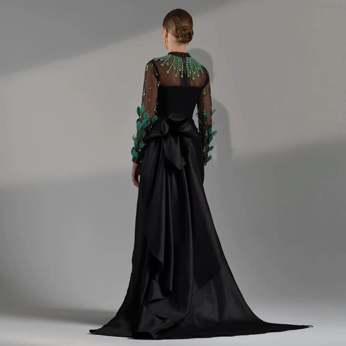 Emerald Green Feather Embellished Black Dress with Overskirt