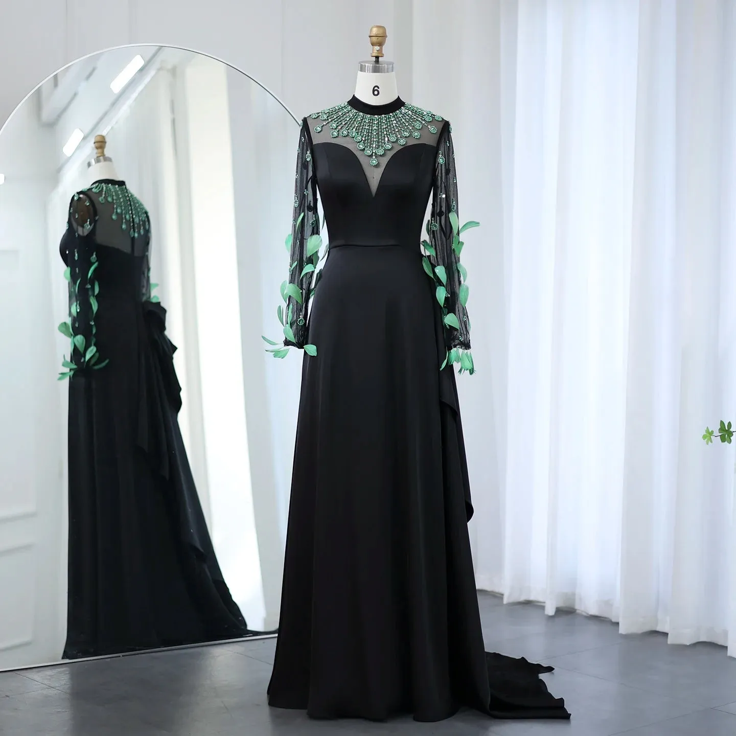 Emerald Green Feather Embellished Black Dress with Overskirt