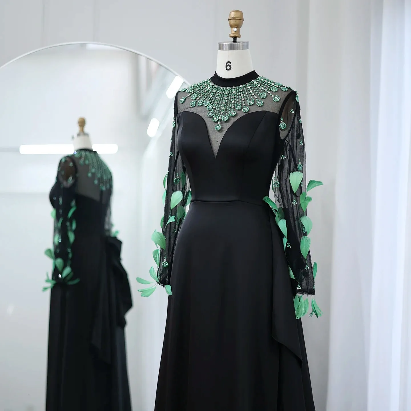 Emerald Green Feather Embellished Black Dress with Overskirt