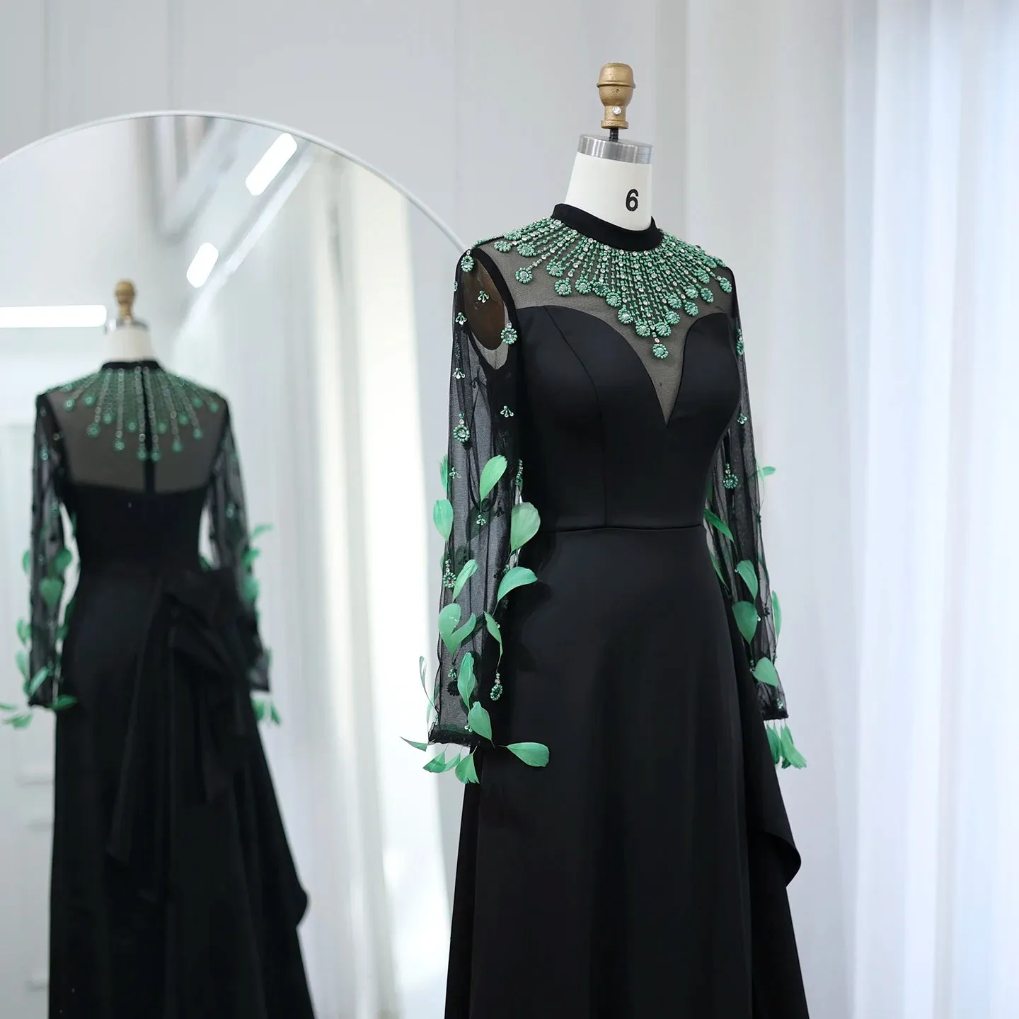 Emerald Green Feather Embellished Black Dress with Overskirt