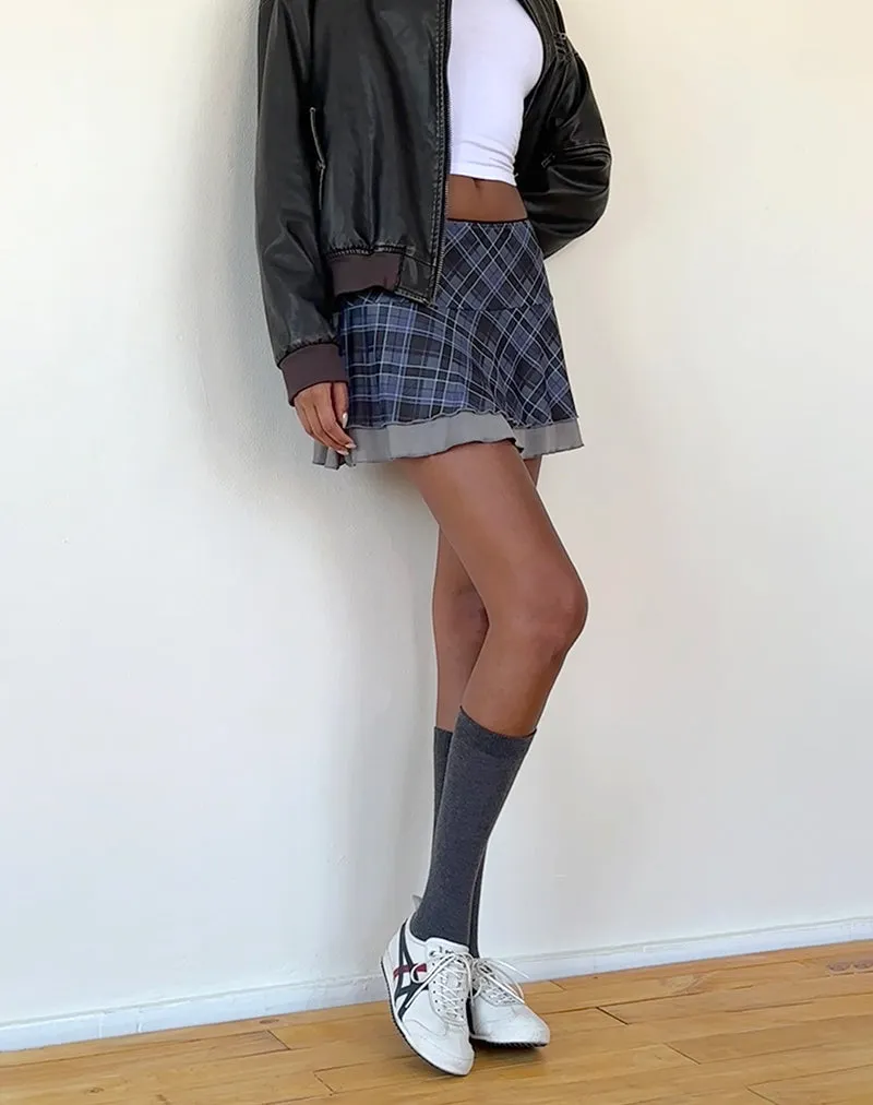 Friska Mini Skirt in Blue Grey Check Mesh