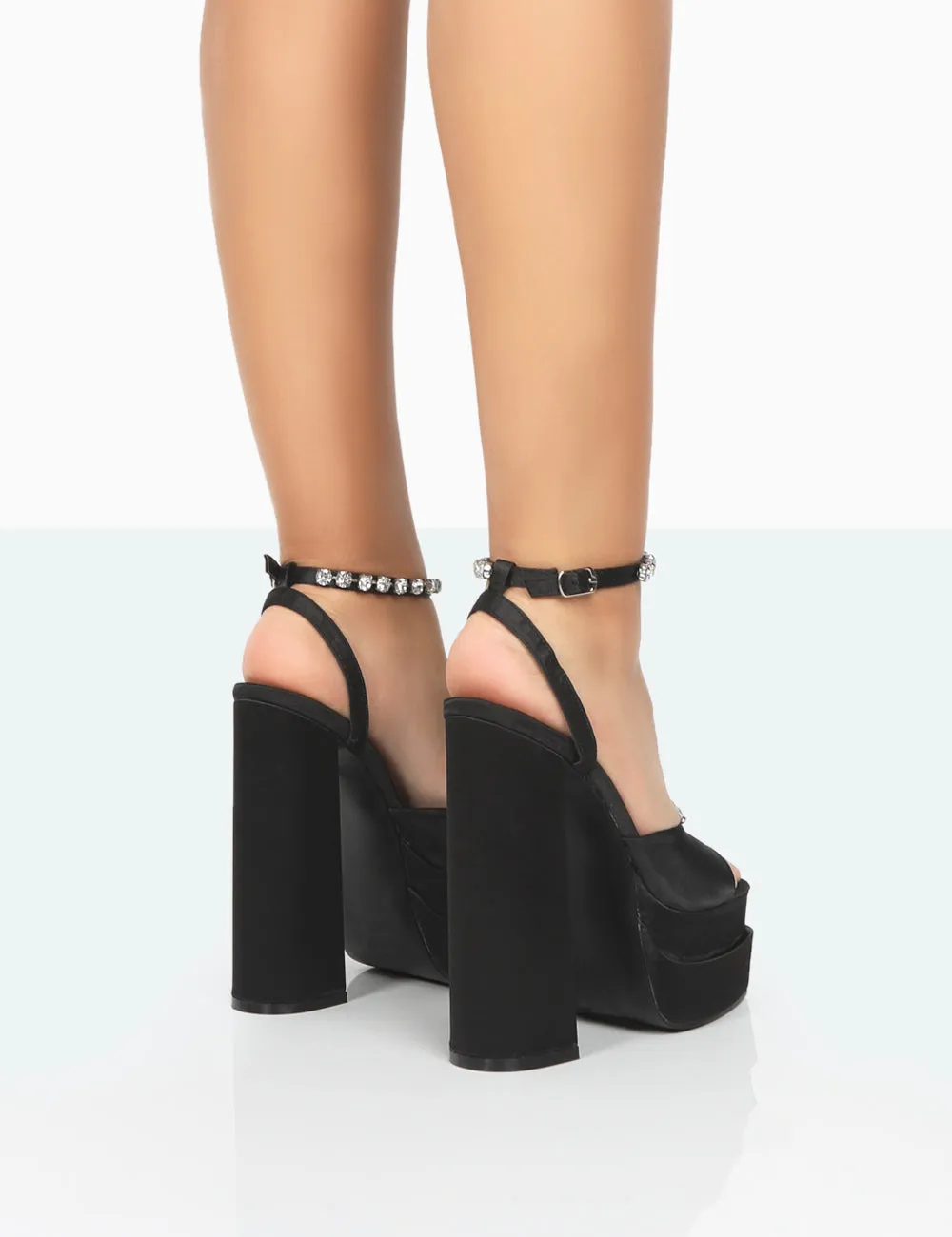 Frozen Black Satin Diamante Strap Open Toe Block Platform Heels