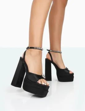 Frozen Black Satin Diamante Strap Open Toe Block Platform Heels