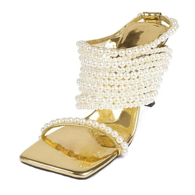 Gold Square Drip Pearl Shoes