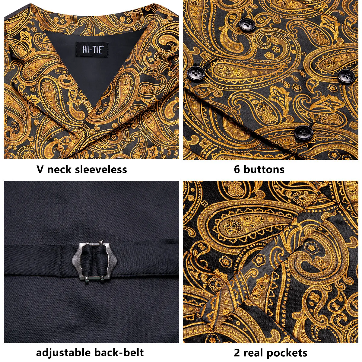 Hi-Tie Black Gold Paisley Men's Collar Vest Hanky Cufflinks Tie Set