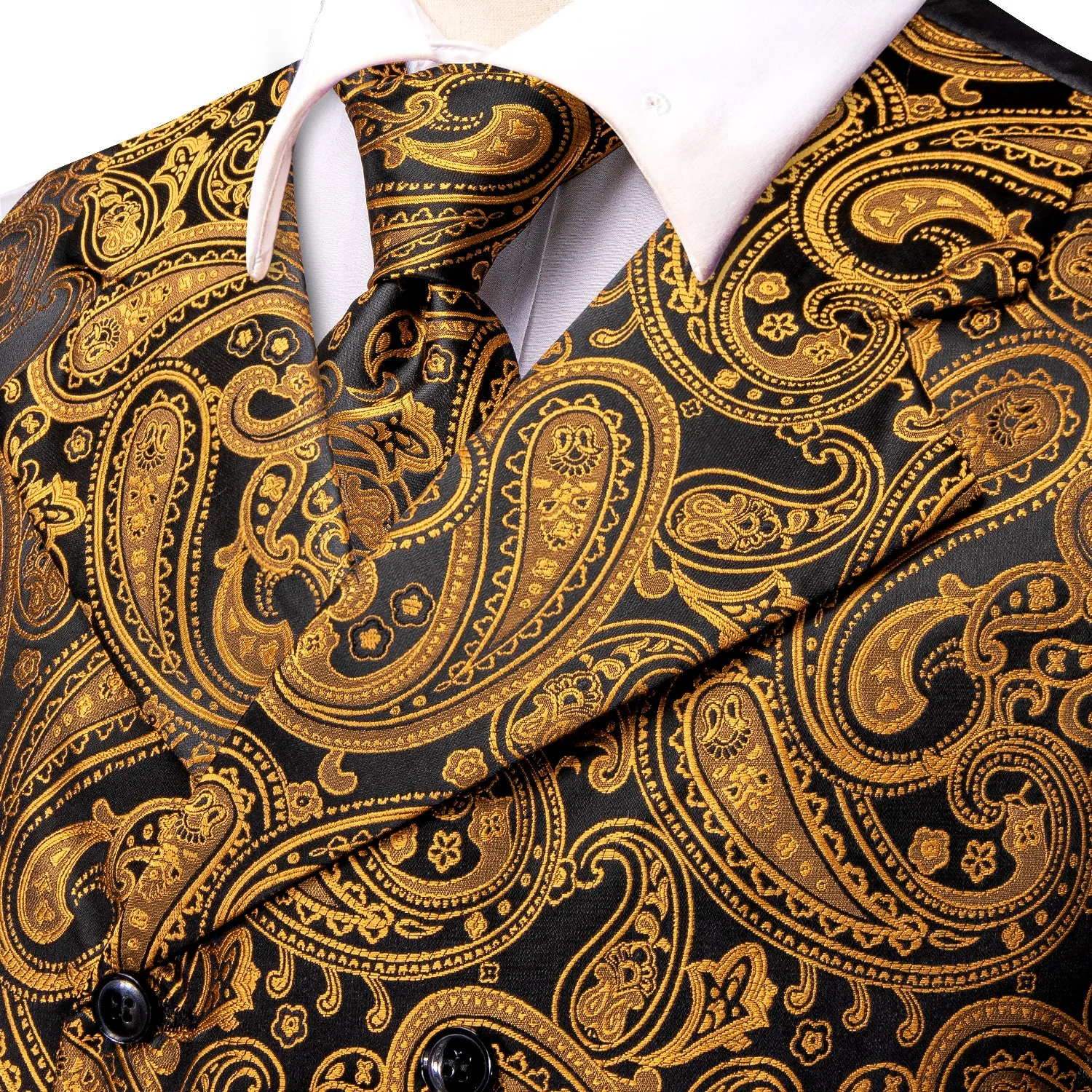 Hi-Tie Black Gold Paisley Men's Collar Vest Hanky Cufflinks Tie Set