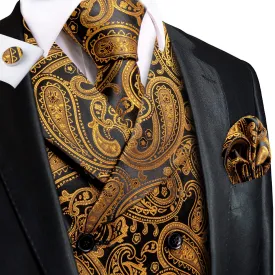 Hi-Tie Black Gold Paisley Men's Collar Vest Hanky Cufflinks Tie Set