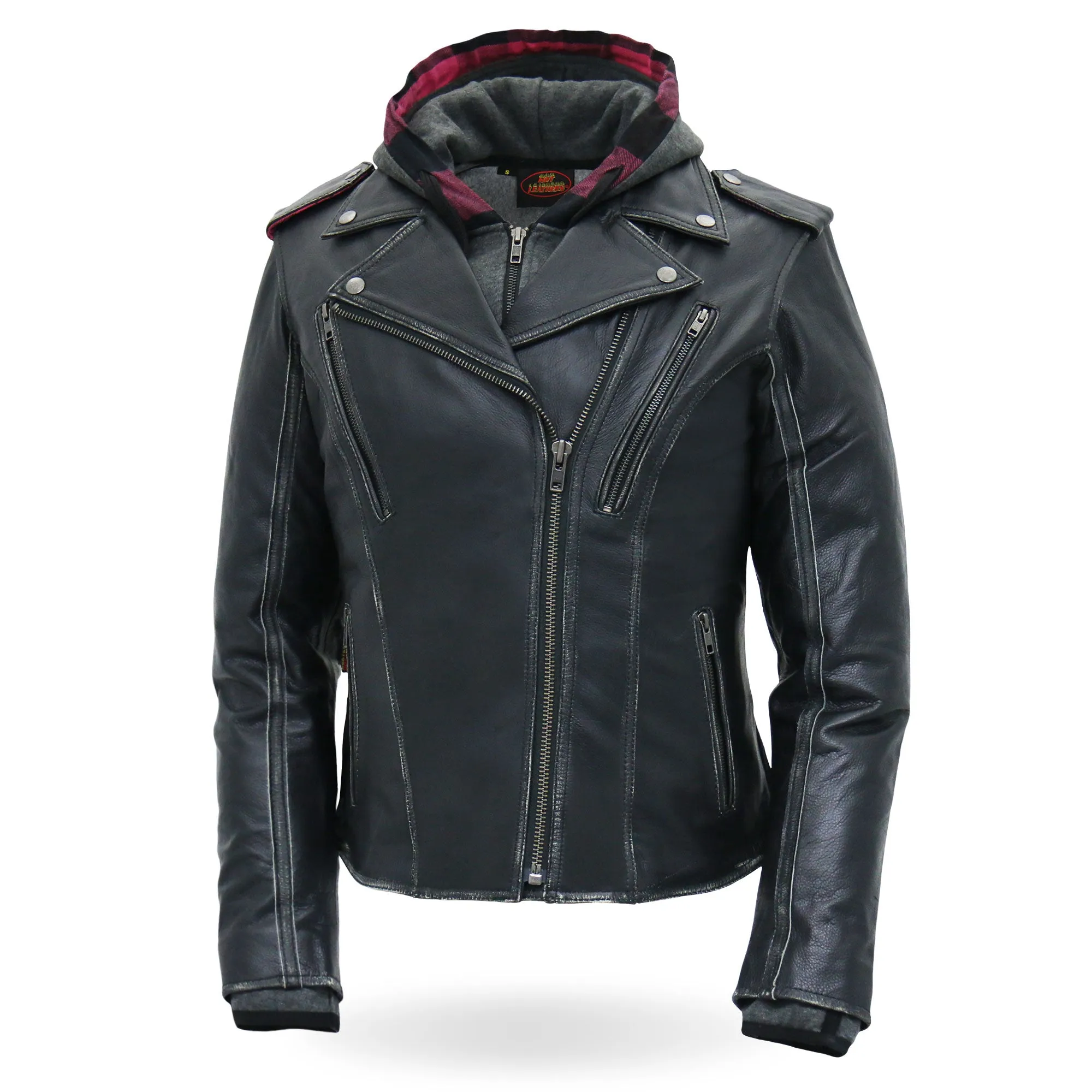 Hot Leathers JKL1033 Ladies Biker Black Leather Motorcycle Jacket with Removable Hoodie