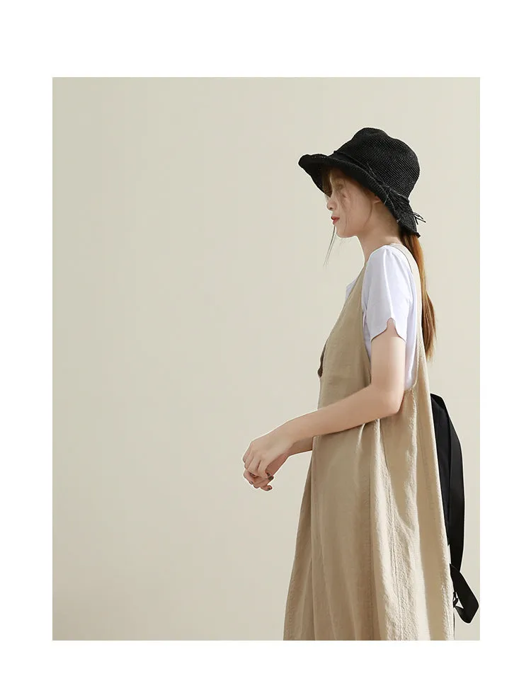 Khaki Vest Casual Summer  Women Linen Sleeveless Dresses G98401