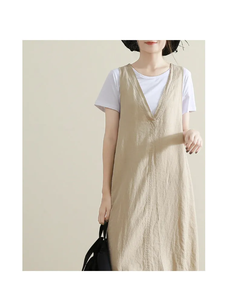 Khaki Vest Casual Summer  Women Linen Sleeveless Dresses G98401