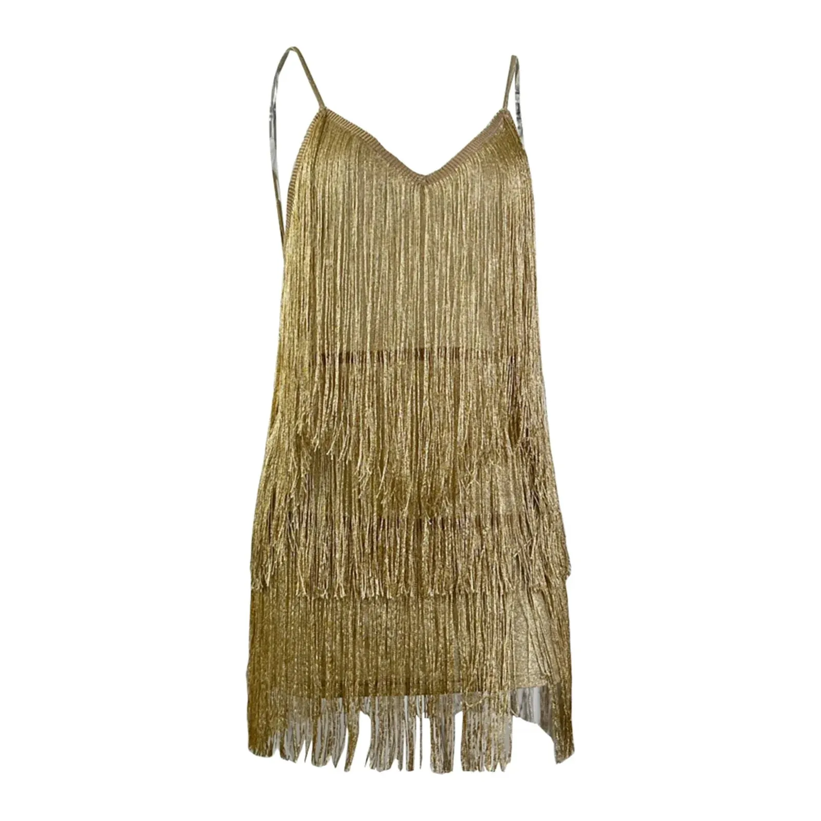 Layered Fringe Sparkly Deep V-neck Backless Cami Tassels Flapper Casual Women's Dress