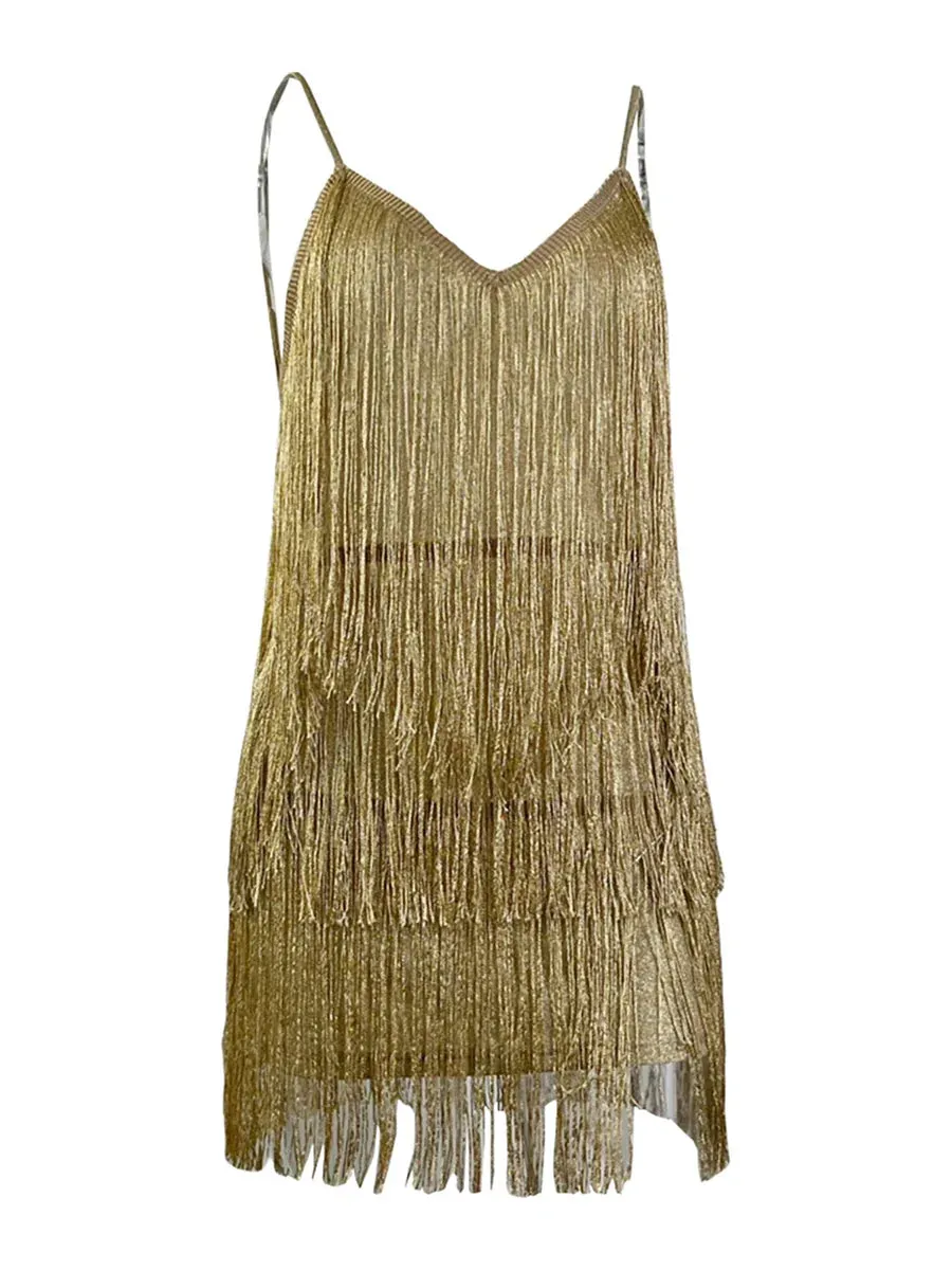 Layered Fringe Sparkly Deep V-neck Backless Cami Tassels Flapper Casual Women's Dress