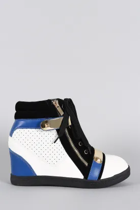 Liliana Colorblock Zipper Perforated High Top Lace Up Wedge Sneaker