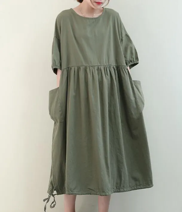 Loose Draw String O Neck Women Dresses Casual Linen Women Dresses Bat Short Sleeve SSM97215