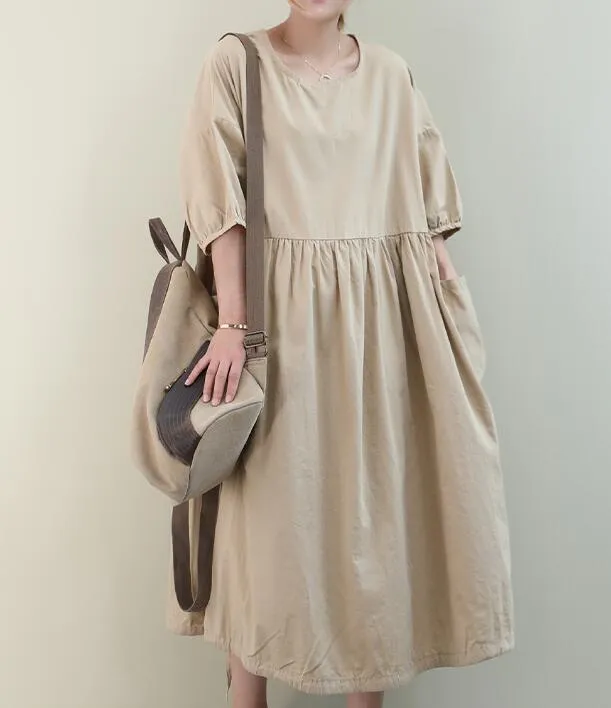 Loose Draw String O Neck Women Dresses Casual Linen Women Dresses Bat Short Sleeve SSM97215