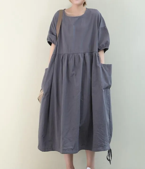 Loose Draw String O Neck Women Dresses Casual Linen Women Dresses Bat Short Sleeve SSM97215