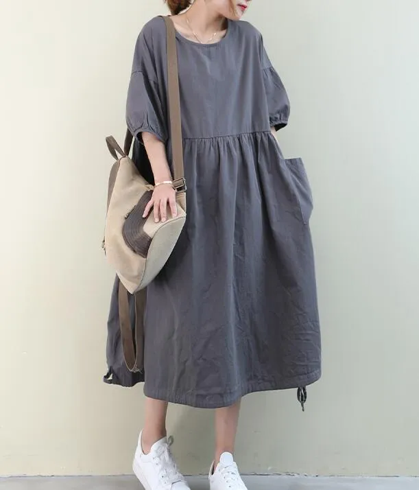 Loose Draw String O Neck Women Dresses Casual Linen Women Dresses Bat Short Sleeve SSM97215