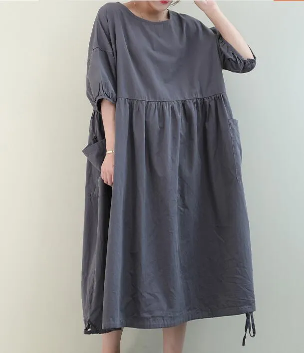 Loose Draw String O Neck Women Dresses Casual Linen Women Dresses Bat Short Sleeve SSM97215