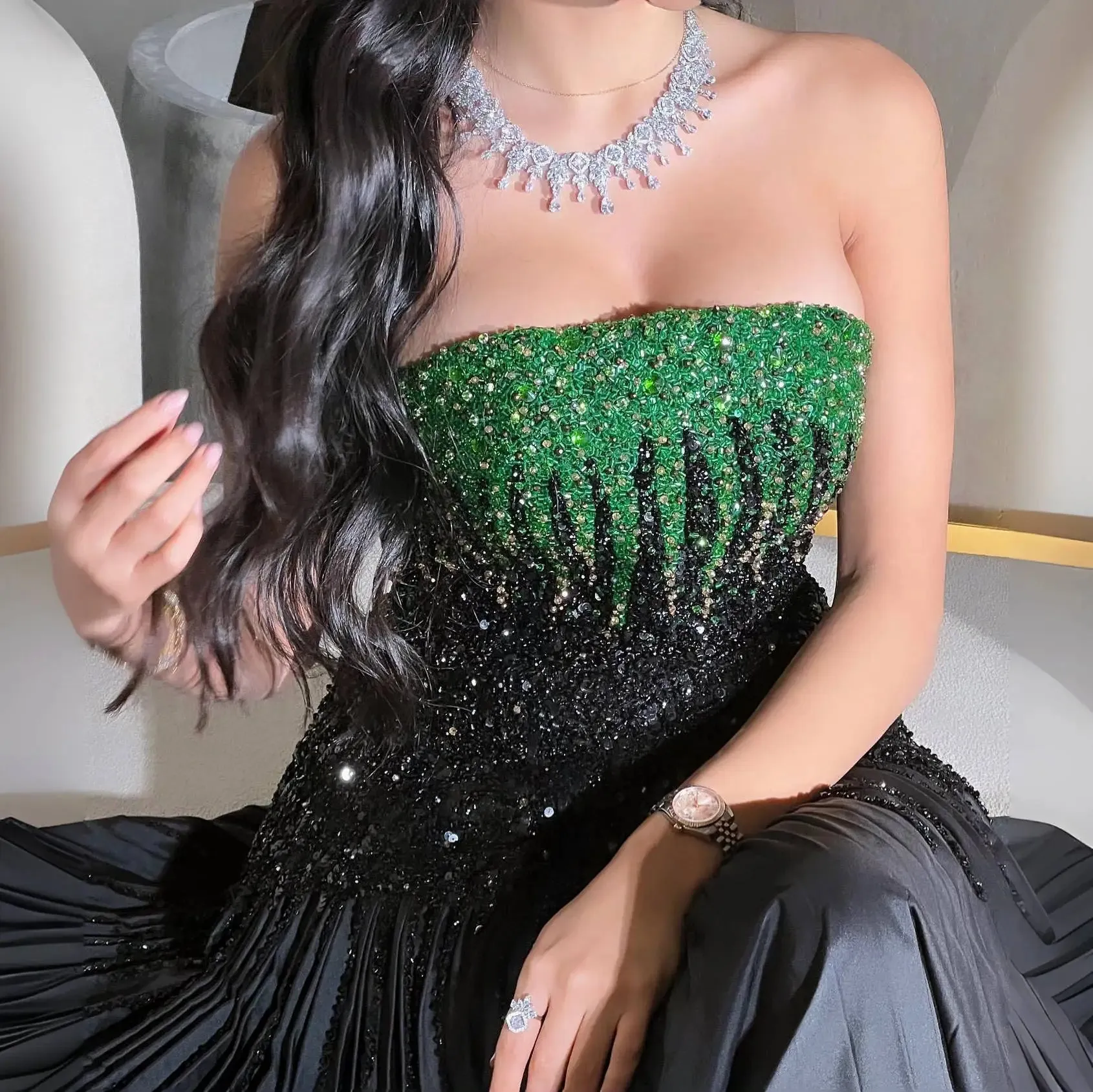 Luxury Beaded Strapless Evening Dress