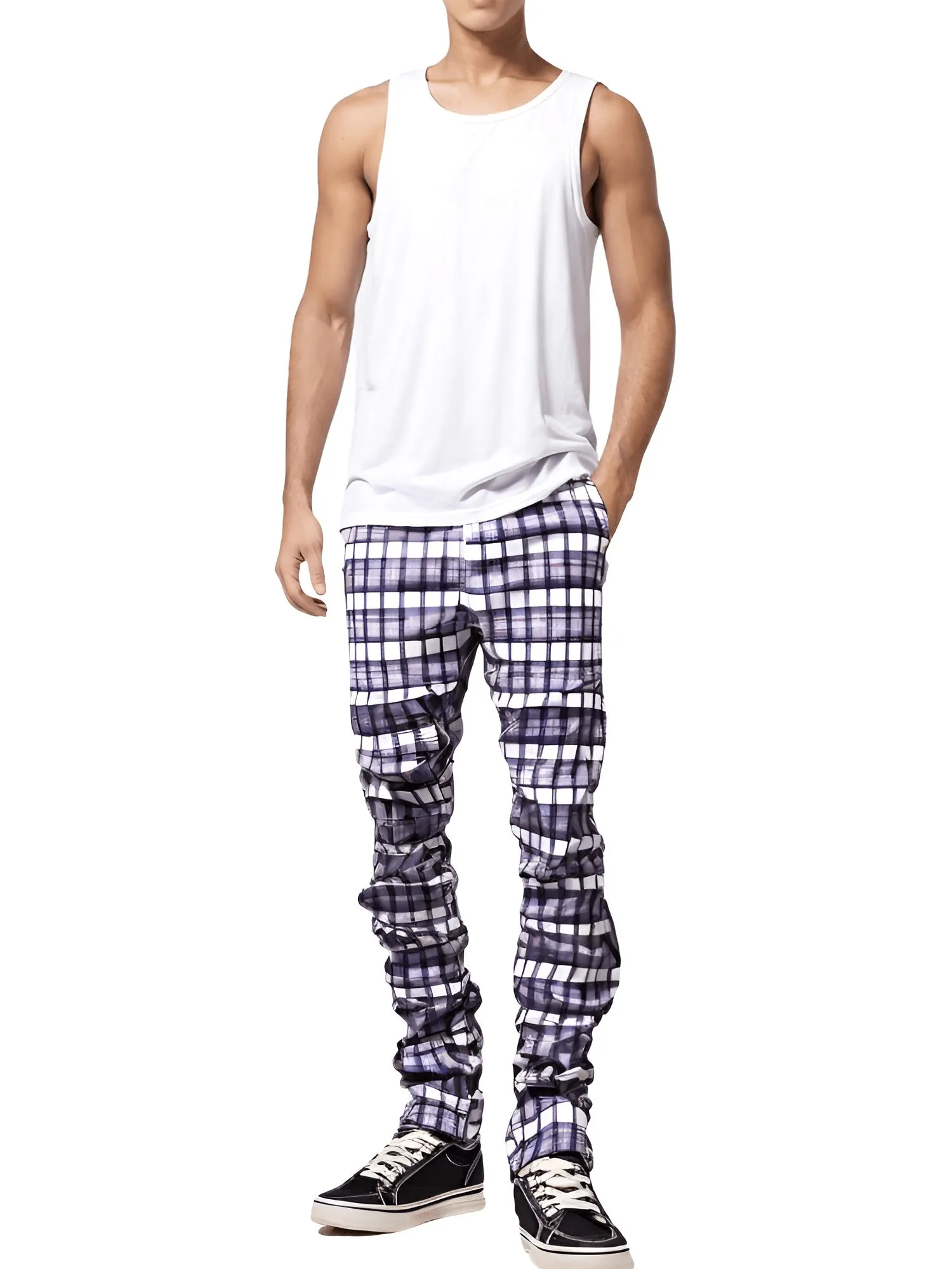 Men's Casual Plaid Pants High Stretch Straight Leg Trousers Slim Fit