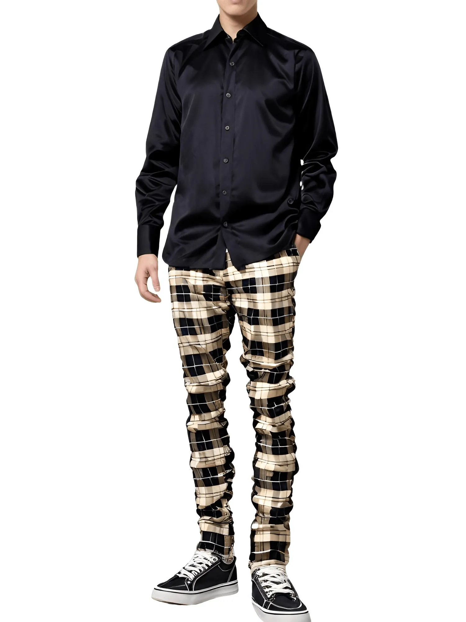 Men's Casual Plaid Pants High Stretch Straight Leg Trousers Slim Fit