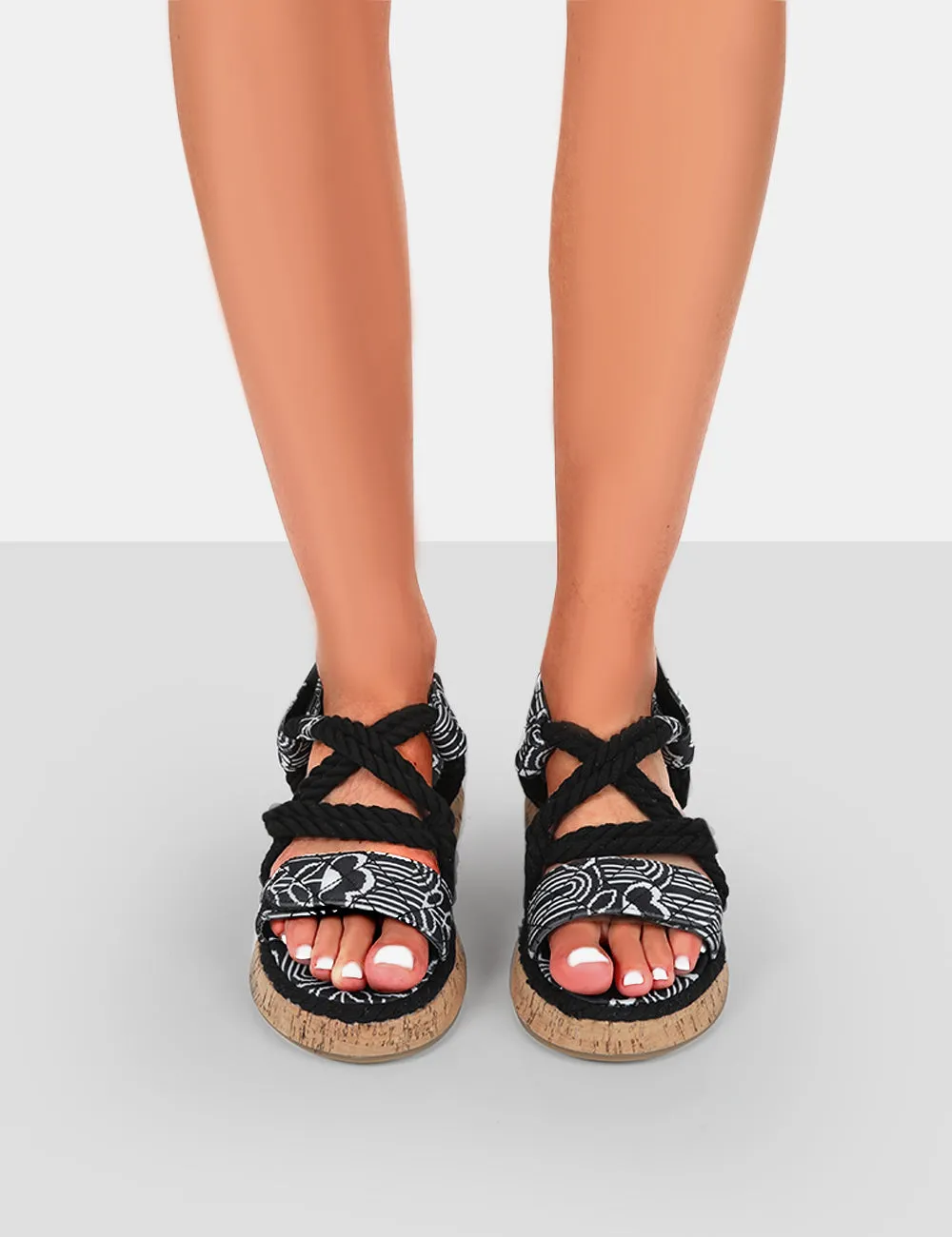 Miami Black Printed Rope Flatform Lace Up Sandals